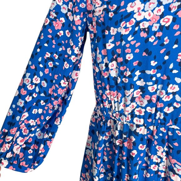 Talbots Womens Dress PL Blue Pink Floral Midi V-Neck Smocked Cottagecore Pockets - Picture 9 of 10